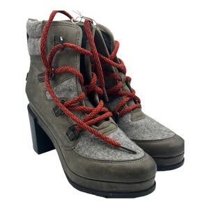 Sorel‎ Sz 9 Blake Lace Up Gray and Red Ankle Boots with Chunky Heel NEW